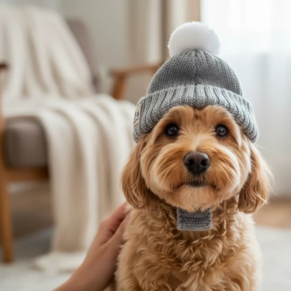 HAPPY DOOOOOG Soft Knit Dog Hat w/Pom Trim, Ear Holes + Chin Strap in Grey - NWT - Picture 8 of 13